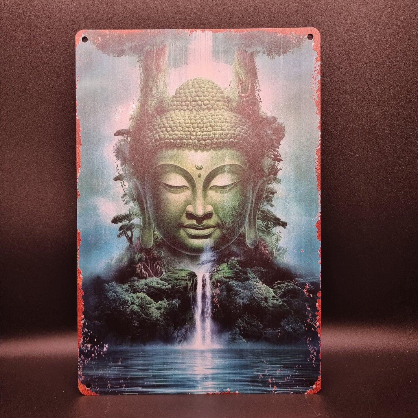 Schild Buddha Kopf mit Wasserfall