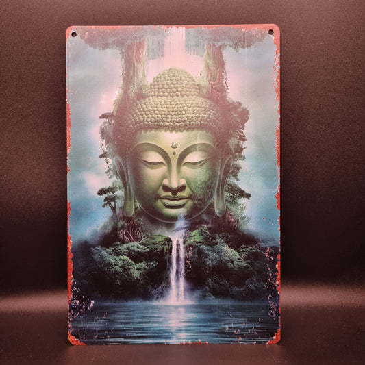 Schild Buddha Kopf mit Wasserfall