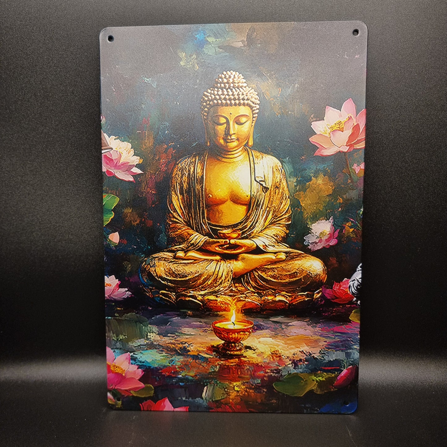 Schild Buddha sitzend mit Teelicht