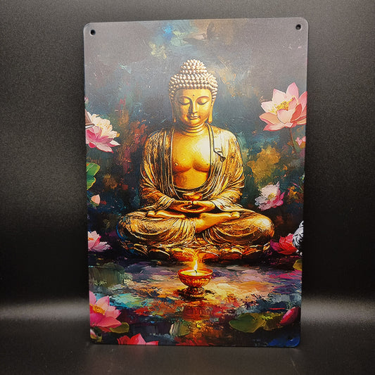 Schild Buddha sitzend mit Teelicht